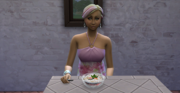 Fortuna is the first to wake up, she grabs some fruit and yogurt parfait for breakfast.