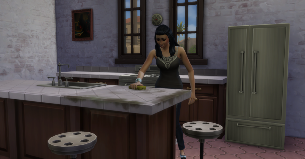 Meanwhile Rosabelle cleans the kitchen up from cooking dinner.