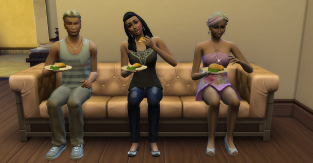 While Forbes is experimenting, Rosabelle, Pawel and Fortuna are eating dinner.